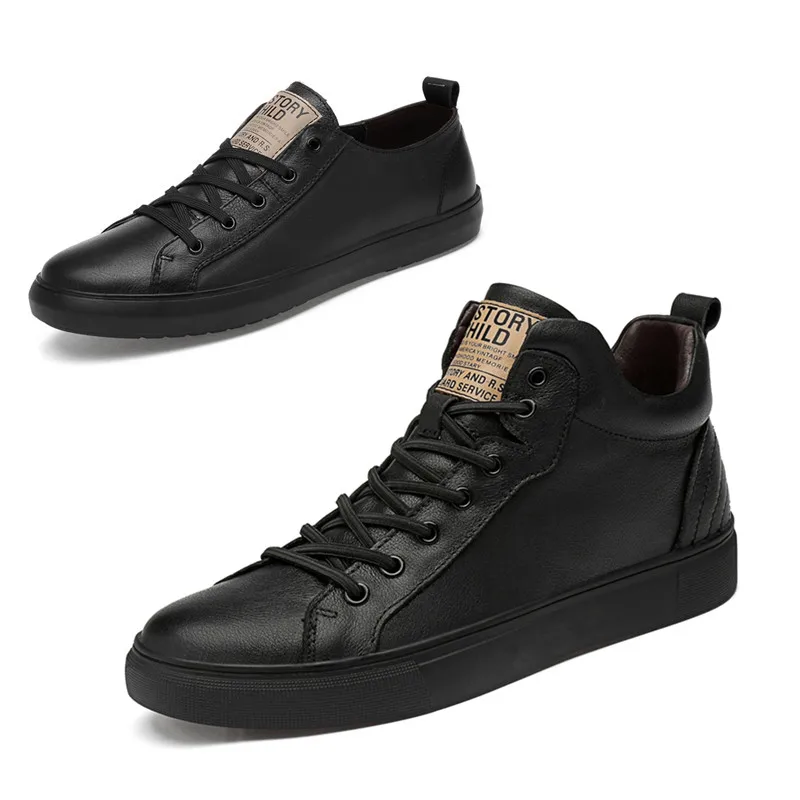 Zapatos casuales zapatos de los hombres de cuero de vaca zapatos planos de encaje-Low Top zapatillas de Tenis Masculino zapatos planos de moda de tamaño 36-45 negro zapatillas de deporte *