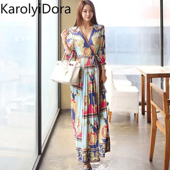 

2020 summer new Korean temperament V-neck lace up waist pleated big swing holiday dress printed dress