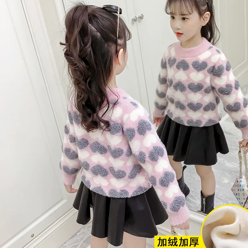 

Girls Students Sweater Girls Autumn And Winter Sweater Children Big Boy Heart Crew Neck Warm Yarn Base Shirt