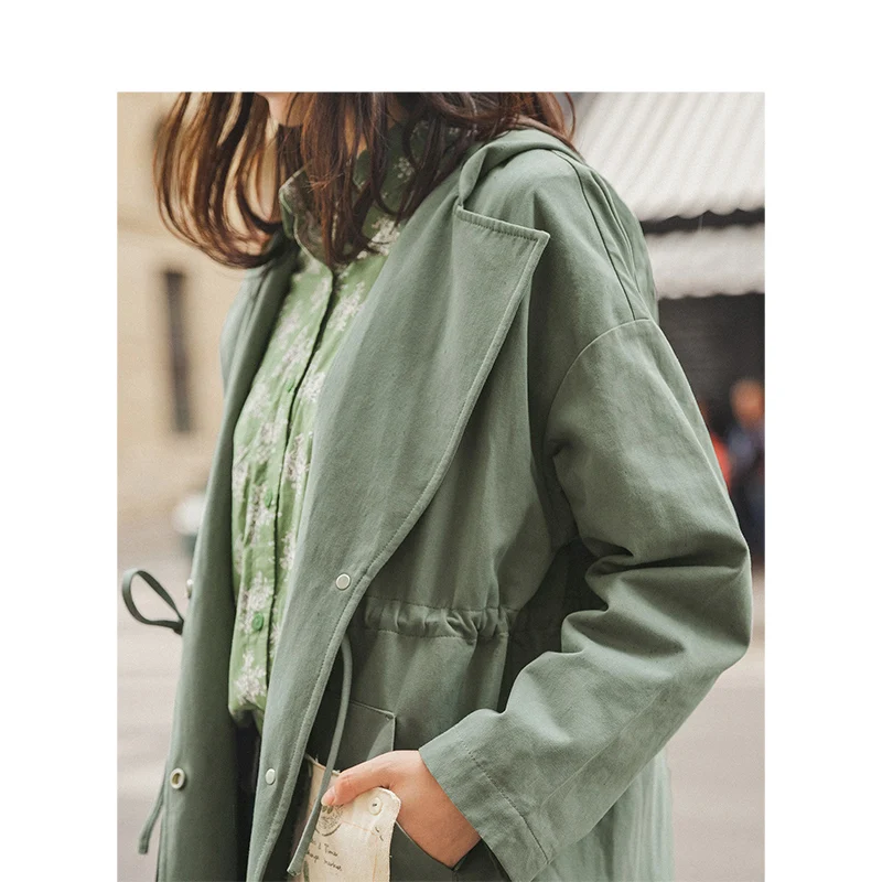 Goede Inman Lente Herfst Solid Katoen Hooded Turn Down Kraag Pocket Mode Vrouwen Jas