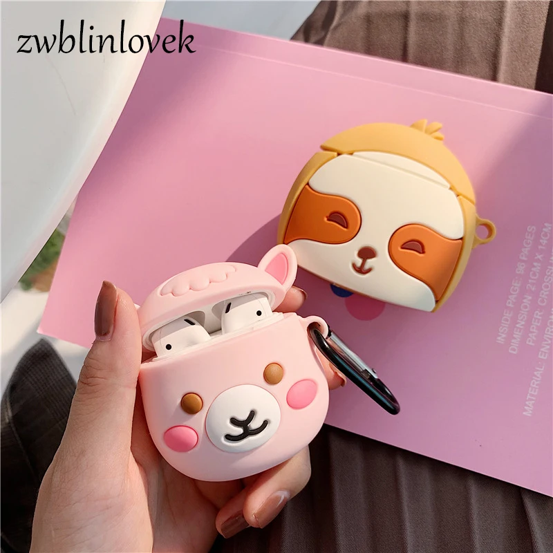 

For Apple Airpods 1 2 Case Bluetooth Earphone Protective Cover 3D Cute Cartoon Alpaca Sloth Silicone Keyring For Women