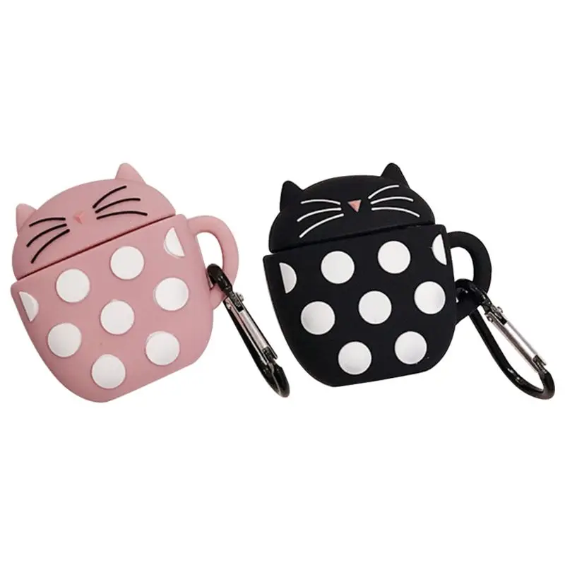 

Polka Dot Cat Pattern Protective Case Silicone Cover Skin Protector with Carabiner for Airpods 1/2 Charging Box Accessories