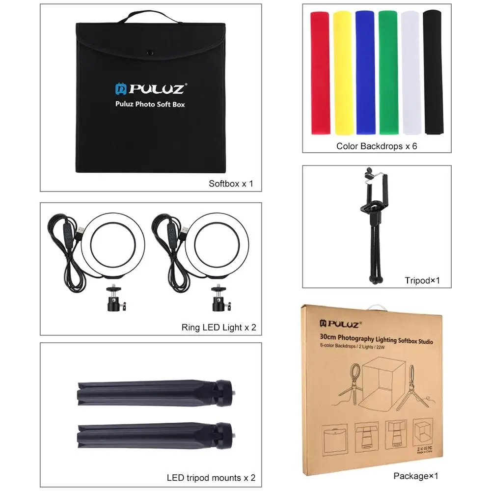  PULUZ 30cm Photo Softbox Portable Folding Studio Shooting Tent Box Kits with 6 Colors Backdrops (Re