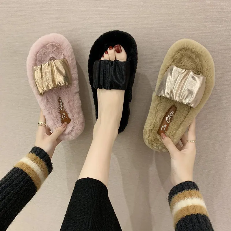 

Women Fluffy Winter Slippers Solid Cross Plush Open Toe Slides Soft Flat Female Shoes Warm Faux Fur Slipper Home Shoes