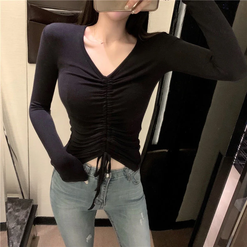 

Spring And Autumn New Temperament Slim V-neck Solid T-shirt Short Bottomed Crop Top Shirt Women Tshirt Drawstring Long Sleeve