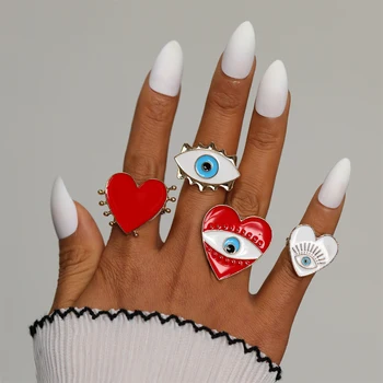 

EN Women Adjustable Gold Color Red Heart Evil Eye Fashion Rings For Female Popular Cute Eye Love Heart Gold Ring Jewelry