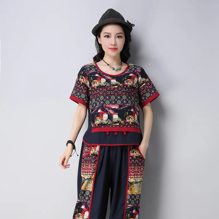 

Photo Shoot 2019 Summer Fashionable Western Style Retro Patchwork National Wind Cotton Linen Tops with Loose Pants Set
