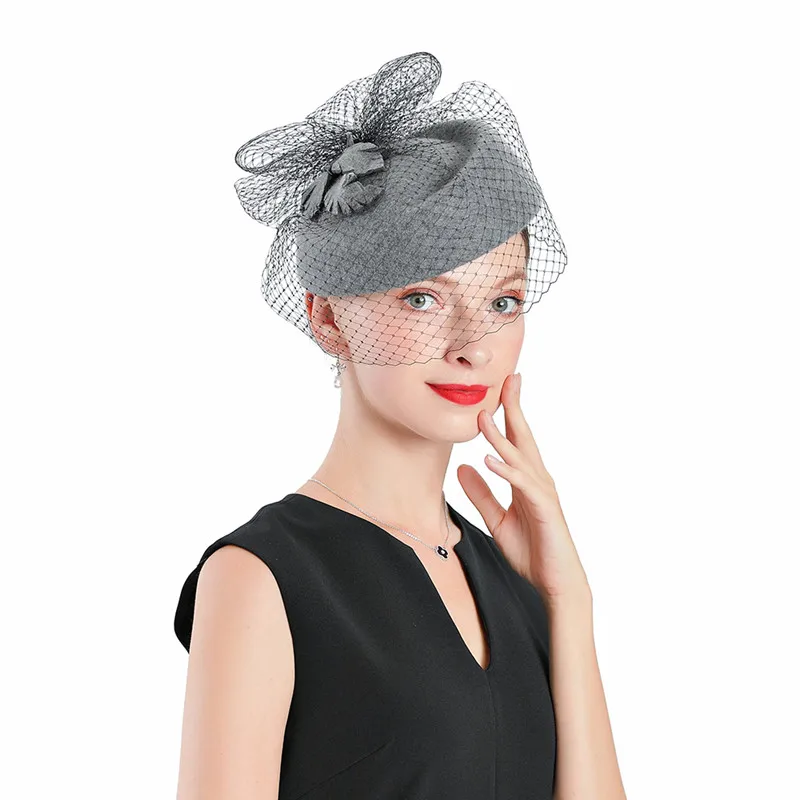 Fedoras Wool Leaf Hat Gray Fascinator For Women Elegant Church Wedding With Veil Cap Cocktail Tea Party Hair Clip Hat Girls - Цвет: Серый