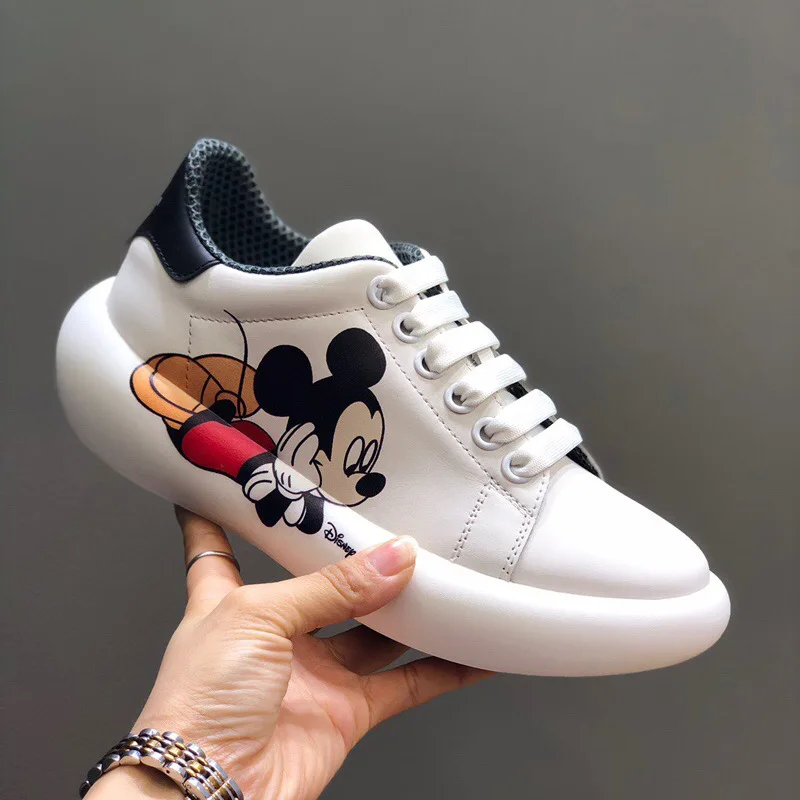 

Mickey Mouse print color matching thick bottom increased white shoes 2020 spring new lace-up casual shoes single shoes women