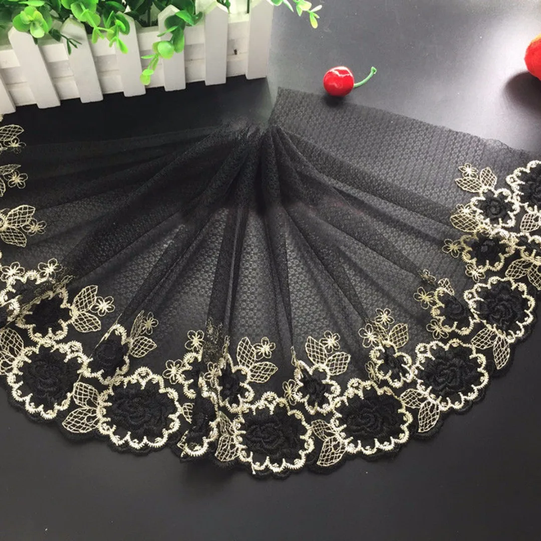 1 Yard Delicate Black Embroidered Flower Tulle Lace Trim Sewing DIY 27cm Wide