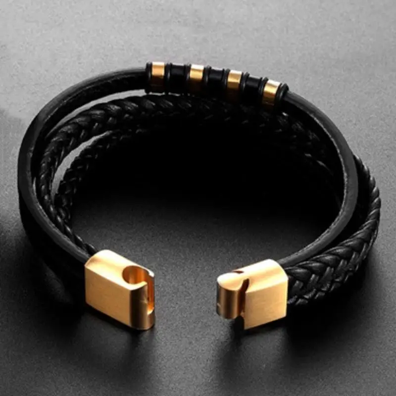Leather Bracelet Classic Fashion Charm Multilayer Black Braided Leather Bracelet Suitable for Men's Wrist Party Jewelry