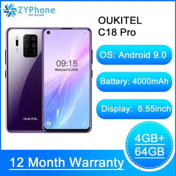 

2020 6.55" HD Android 9.0 4MB RAM 64GB ROM 16MP 4 Cameras Smartphone Octa Core 4G LTE 5V2A 4000mAh Mobile Phone OUKITEL C18 Pro