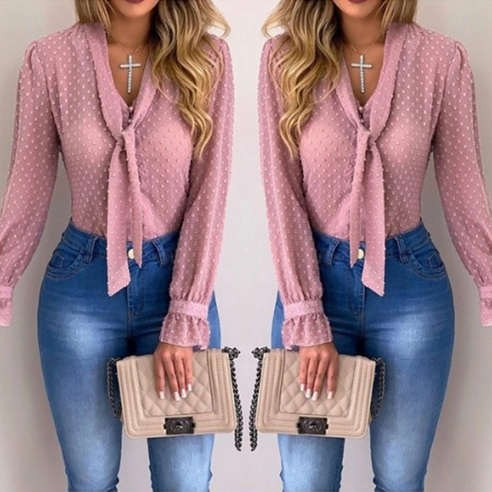 Suzhan Women Blouses Fashion Long Sleeve V-neck Shirt Chiffon Office Blouse Slim Casual Tops
