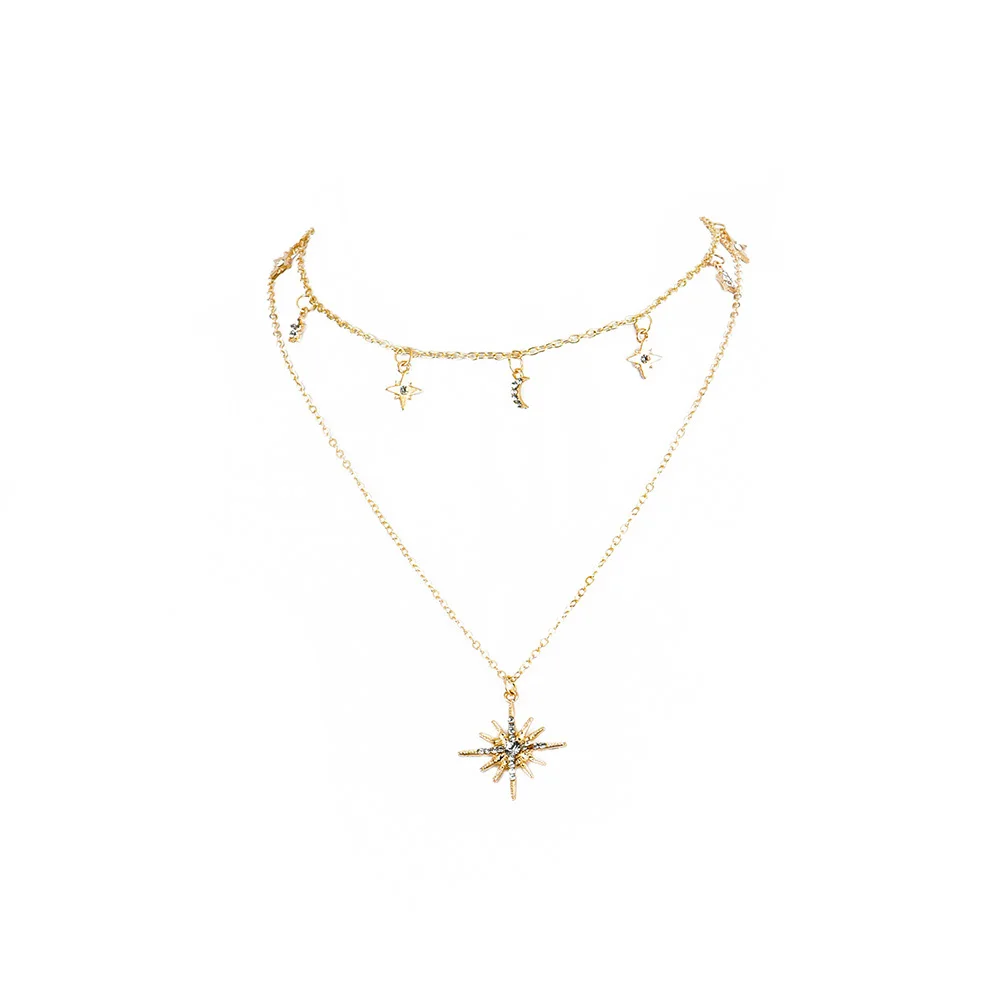 New 2020 Fashion Gold Crystal Sun Moon Star Pendant Necklaces For Women Necklace Multi Level Female Boho Vintage Jewelry Gift
