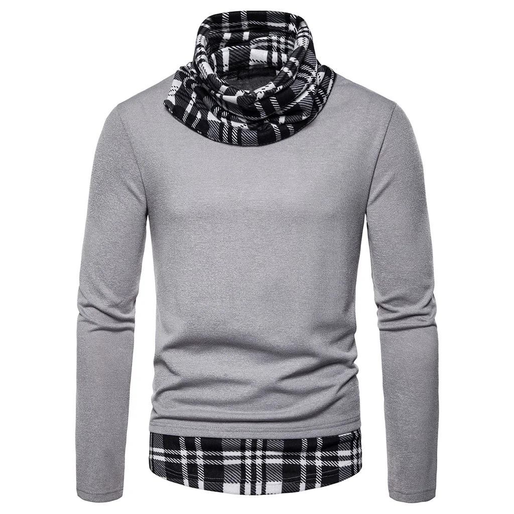 Puimentiua Men's Autumn Knit Sweater High Neck Long Sleeve Plaid Panel Knit Sweater Casual Slim Street Knit Sweater Top 2019