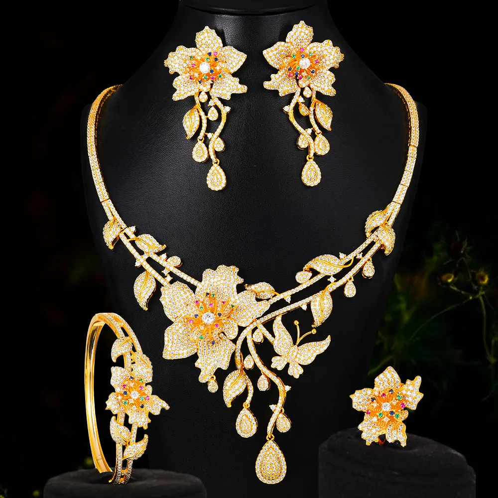 

GODKI 4PCS Fashion Butterfly Flowers African Jewelry Set For Women Wedding Party Cubic Zircon Dubai Bridal Jewelry Indian 2020