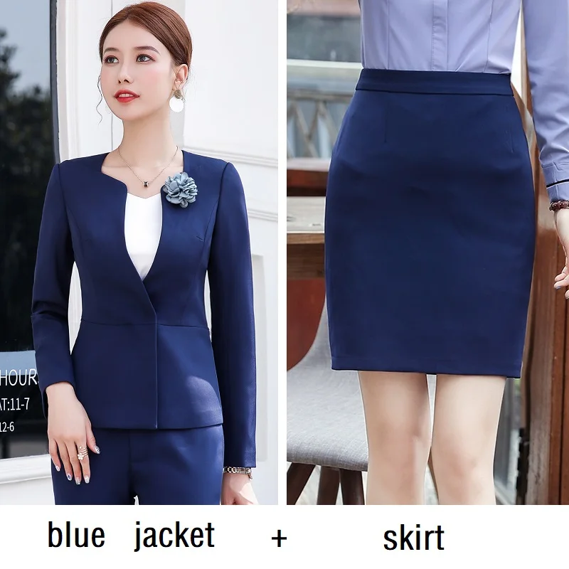 blue jacket skirt Женские костюмы, приталенные, Осень-зима, блейзеры, куртки, брюки, 2 шт, набор, OL, официальные, женские брючные костюмы, женские костюмы, 1523 - Цвет: blue jacket skirt