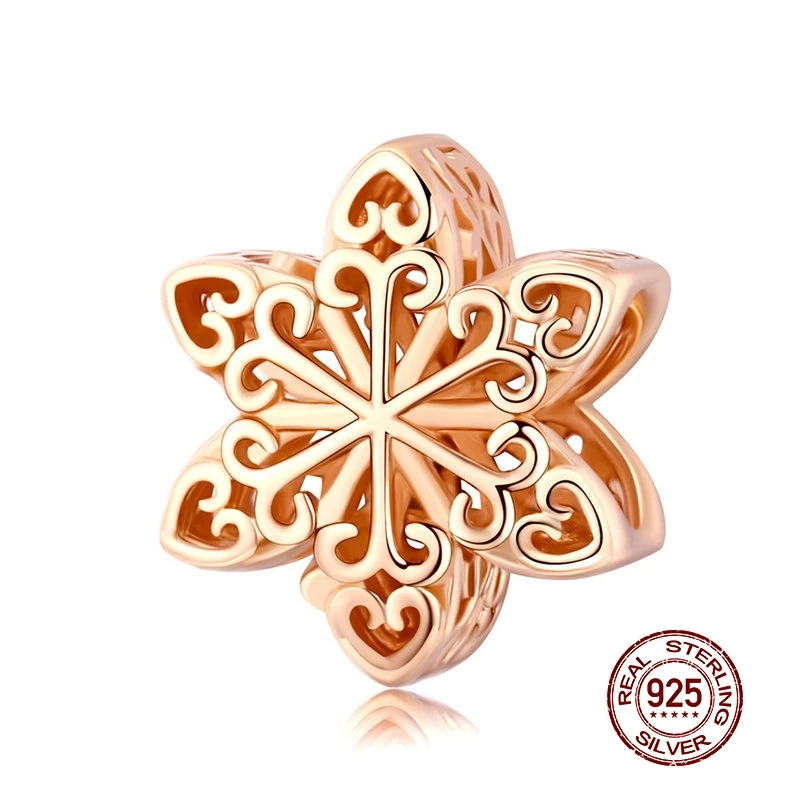 MOWIMO Real 925 Sterling Silver Snowflakes Charms Rose Gold Beads Fit Original Pandora Bracelets Pendant Luxury Jewelry BKC719-C