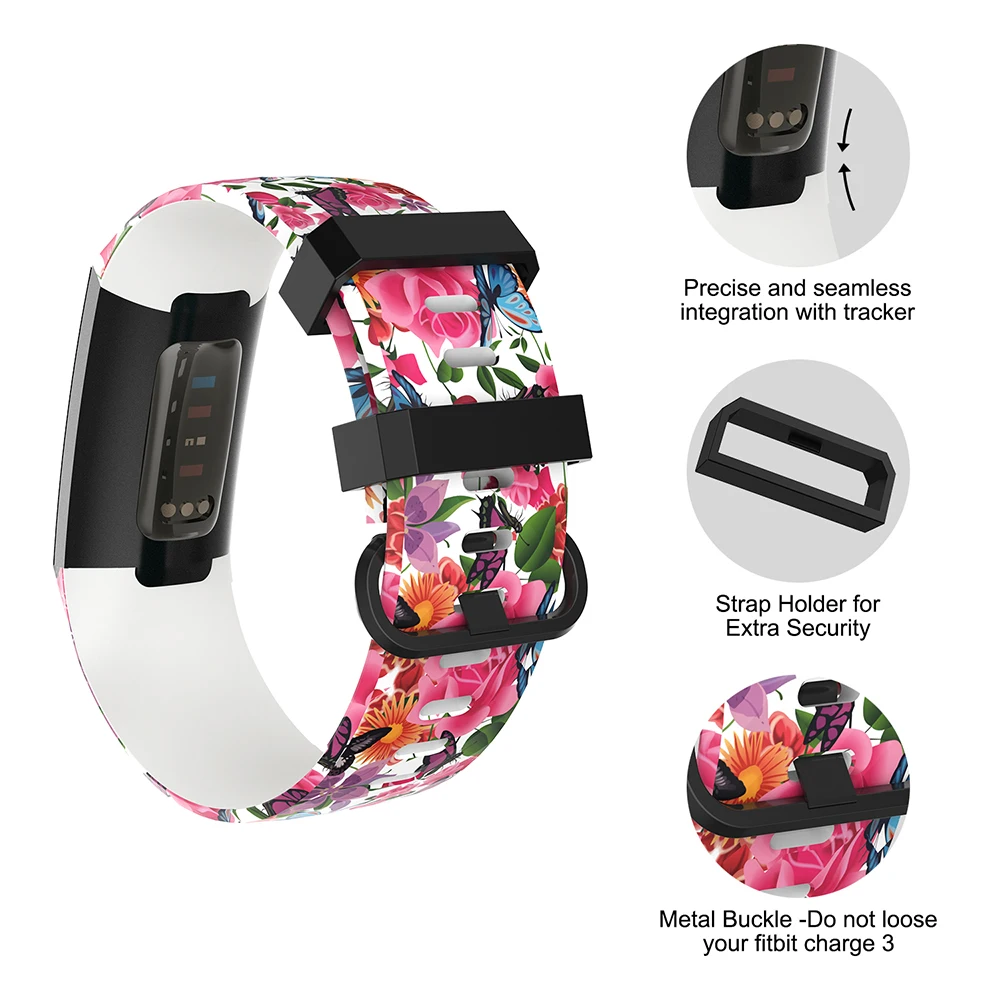 Baaletc Flower Pattern Soft TPU Bracelet Strap Band For Fitbit Charge 3 Smart Watch Bands (4)