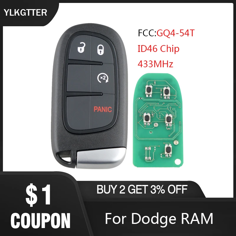 YLKGTTER 433MHz Smart Remote Keyless Go Fob Key for Dodge RAM FCC: GQ4-54T with 4 Button Keyless Entry ID46 Chip YLKGTTER 433MHz Smart Remote Keyless Go Fob Key for Dodge RAM FCC: GQ4-54T with 4 Button Keyless Entry ID46 Chip