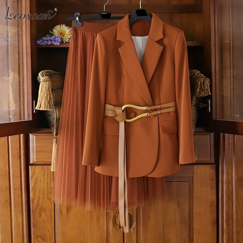 

2pcs set xl Korean style plus size two piece set Women winter set coat + Skirts Suits Solid Tops Vintage leopard Skirt Sets