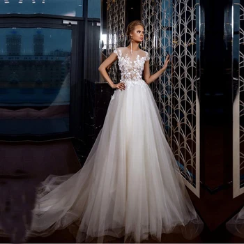 

Fascinating Tulle O Neck A-line Wedding Dresses With Lace Appliques Beaded 3D Flowers Wedding Gowns Vestido de Noiva Custom Made