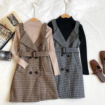 

Small Fragrance 2 Pcs Set Turtleneck Bottom Knit Sweater + Thousand-bird-lattice Suspender Skirt Temperament Chandal BB520