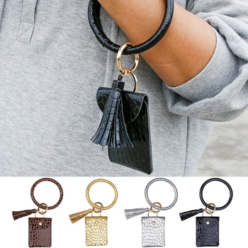 

PU Alloy Bracelet Keychain Crocodile Pattern Tassel Bangle Key Ring with Mini Wallet Woman Crossbody Bags for Women Girl