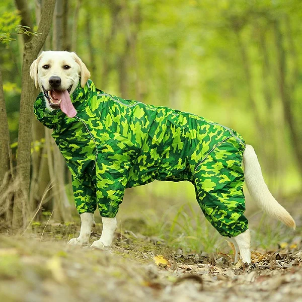 Green Camouflage Дождевик для собак, светоотражающая водонепроницаемая одежда, комбинезон с капюшоном и высоким горлом для маленьких и больших собак, плащ-дождевик, золотистый ретривер, лабрадор - Цвет: Green Camouflage