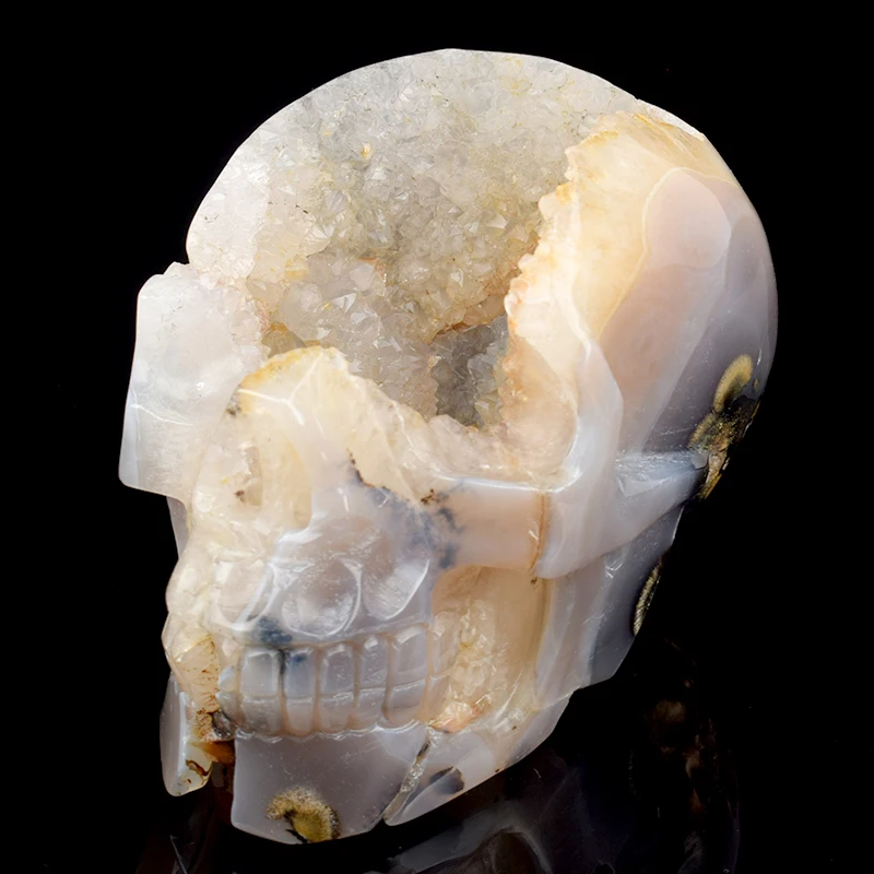 

Natural Agate Geode Hand Carved Quartz Crystal Skull Statue Reiki Healing Stone Skull Sculpture Home Decor Art Collection