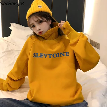 

Hoodies Women Turtleneck Fake 2 Pieces Letter Printed Winter Thickening All-match Loose Chic Harajuku Korean Ulzzang Kpop Casual