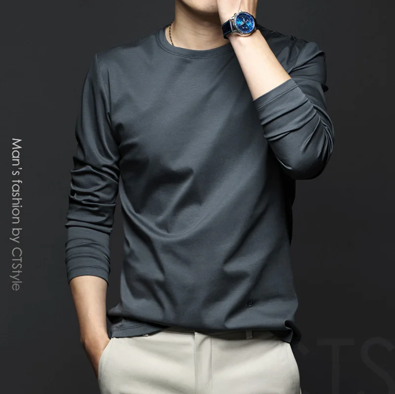 太陽の周りの岩 男性のラウンドネック長袖シルケット綿底入れシャツ綿春服アイスシルクトレンド春の摩耗 安いセール時期 Signature Johaness Com