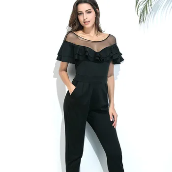 

Plus Size Women Bodycon Jumpsuit 2019 Casual Fashion Rompers Womens Jumpsuit Summer Ruffles Overalls Lace Mesh Jumpsuit Romper