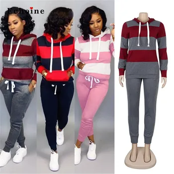 

Stripe Sport 2 Piece Set Women Suits Color Block Patchwork Tops Hooded Neck Pockets Street Lady Long Pants Daily Cotton Outwear