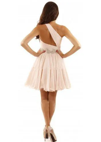 Wholesale- Cheap One Shoulder Nude Chiffon Short Prom Dress A-Line Beaded Above Knee Side Zipper Custom Made