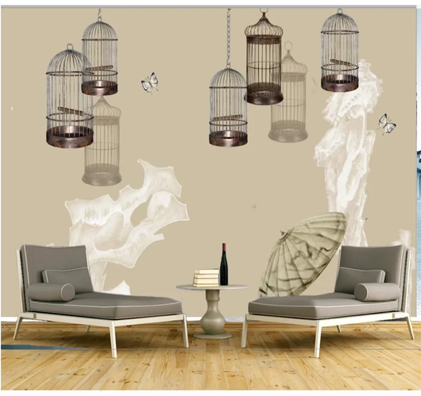 XUESU New Chinese ink bird cage strange stone artistic conception TV background wall custom 8D wallpaper mural artistic concept simple ink landscape living room background wall painting custom high grade mural factory wholesale wallpaper m