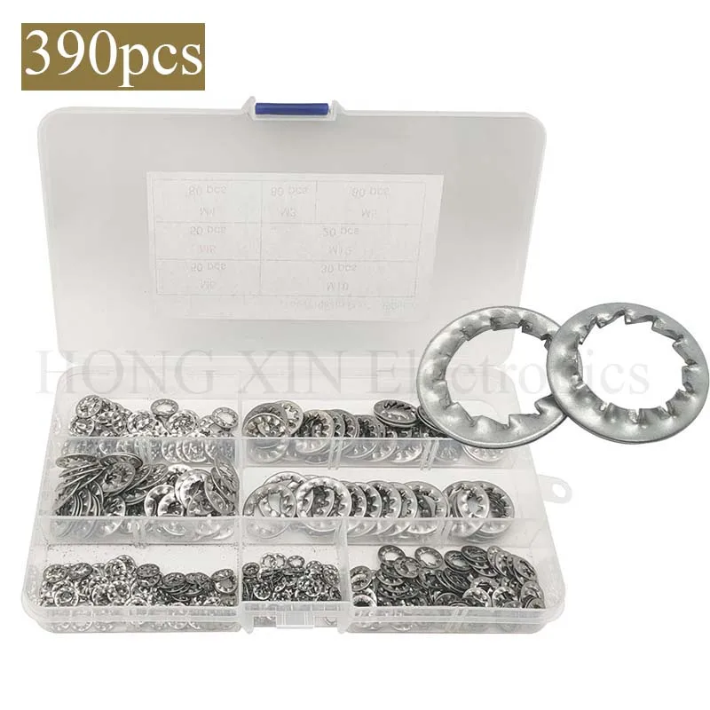 

390pcs/set internal tooth lock washer assortment kit 304 stainless steel m3 m4 m5 m6 m8 m10 m12 star lock washer