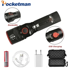 Lanterna led recarregável usb 5200lm, XML-T6 leds, com zoom, 3 modos, para 18650, com cabo usb, para acampamento