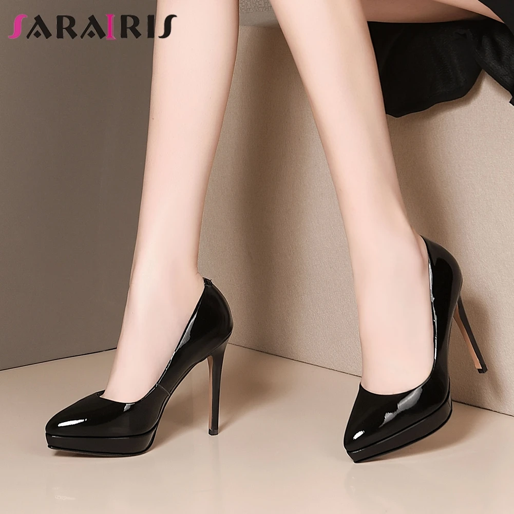 

SARAIRIS Brand Eleagnt Black Female Slip On Shallow Spring Pumps Pumps Women Genuine Leather Platform High Heel Shoes Woman