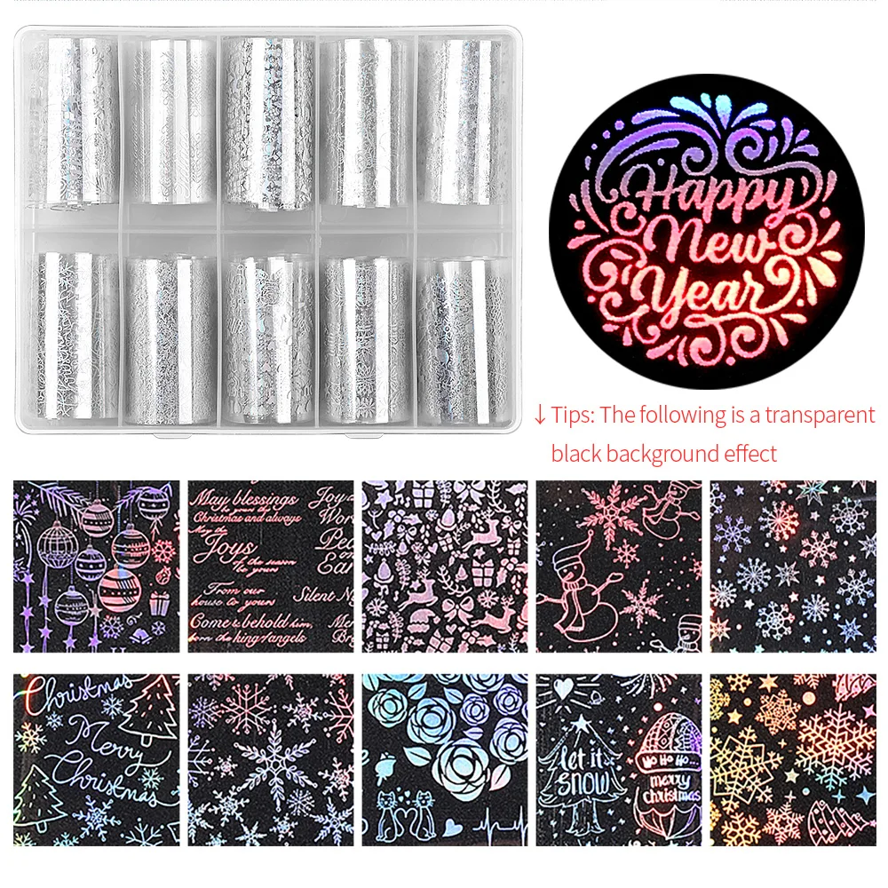 10 rolls/box Christmas nail foil transfer sticker decals snow sliders for nails art designs manicure snowflake decorations 4