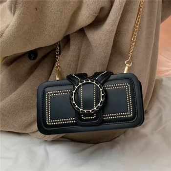 

Rivet Black Designer Women Shoulder Bags Solid Leather Handbags Small Square Messenger Bag Retro Hasp Female Phone Bag Purse Sac