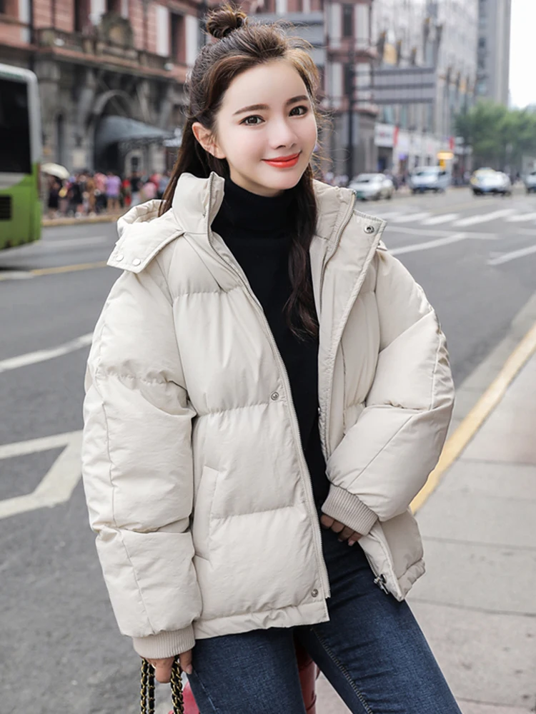Однотонные плотные теплые зимние пуховики для женщин, повседневные свободные хлопковые пальто с капюшоном, Корейская женская мода размера плюс, парки, уличная одежда - Цвет: Белый