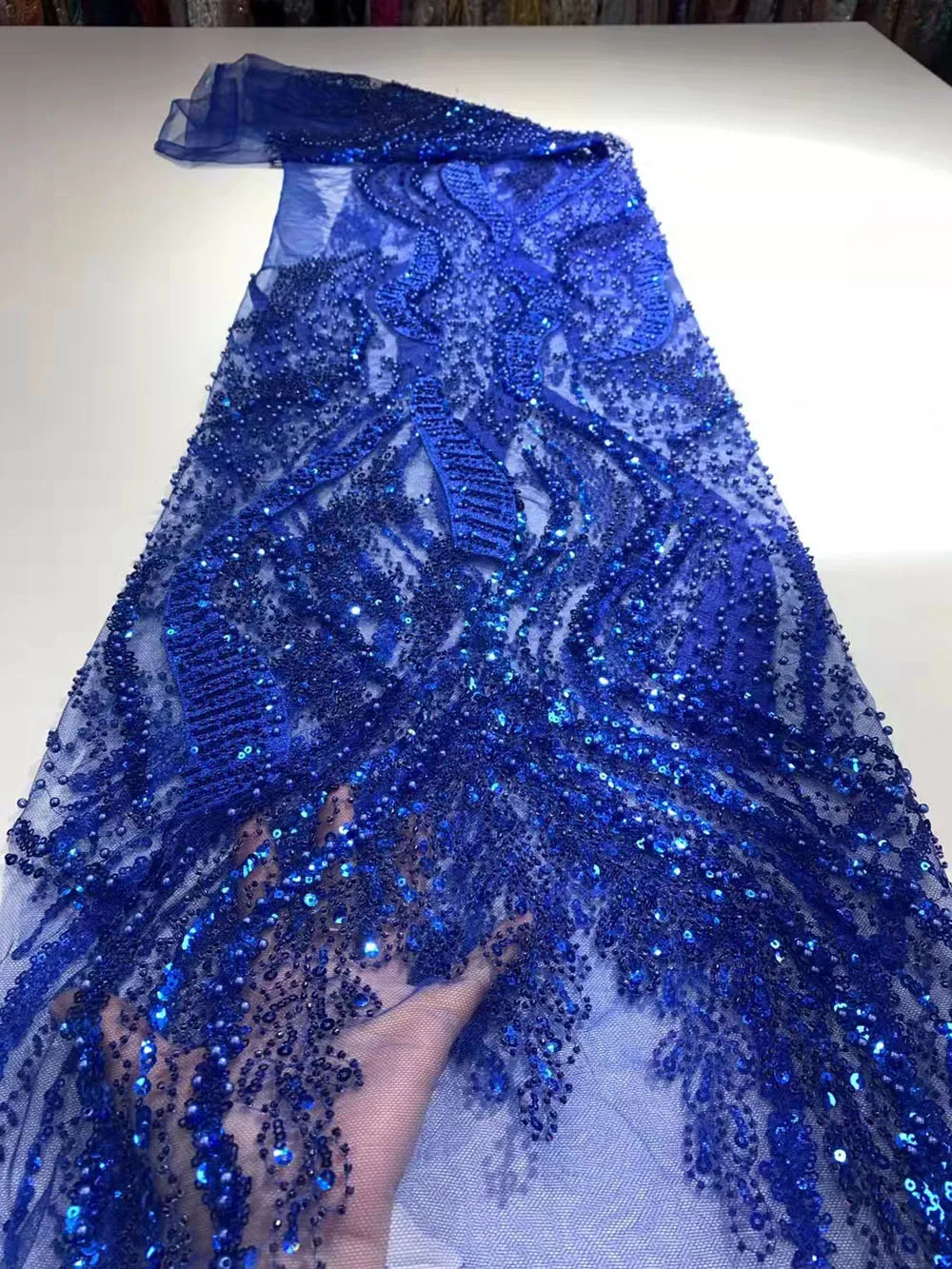 

Heavy Sequins Beads Craft African Mesh Lace Fabric Tulle Embroidery Sewing Supplies DIY Design Banquet Prom Party Wedding Dress