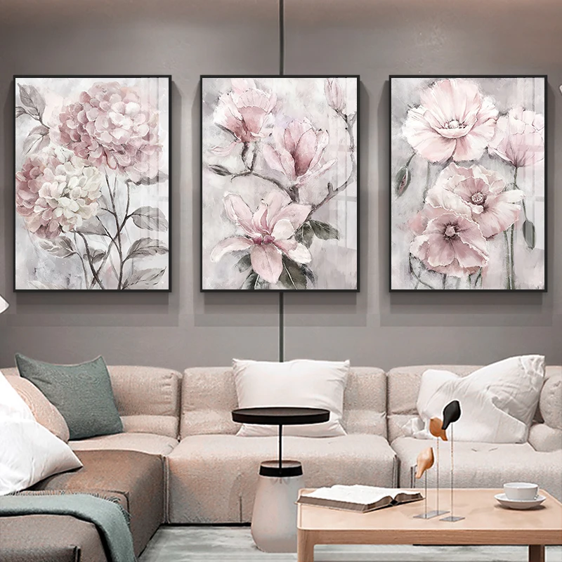 Watercolor Pink Flowers Poster Wall Art Canvas Painting Modern Home Decor Nordic Print Pictures for Living Room Decoration | Дом и сад