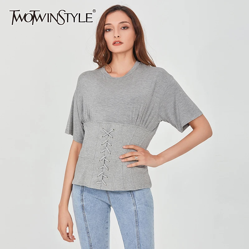 

TWOTWINSTYLE Gray Patchwork T Shirt For Women O Neck Short Sleeve Cross Bandage Ruched T Shirts Female 2020 Fashion New Clothing