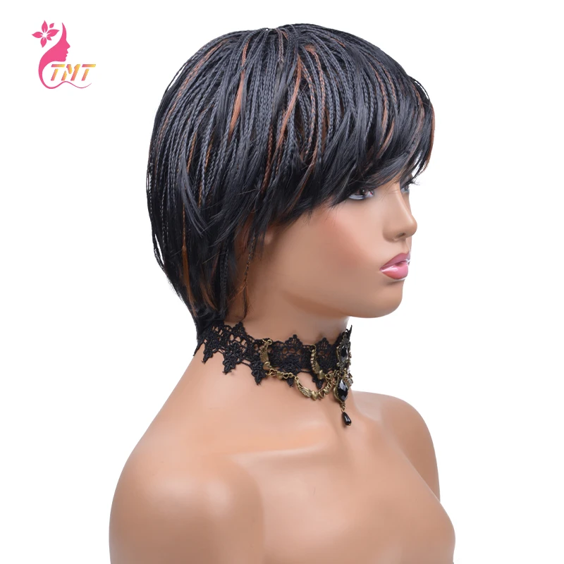 Short Braided Wig with Bangs Synthetic Box Braids Crochet Braiding Wigs for Women Heat Resistant Pixie Cut Micro Braided Wig