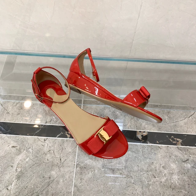 Women's Sandals 2021 Fashion Classic Genuine Sheepskin Patent Leather Wedges Shoes Temperament Style High Heel 4.5 CM db005 red