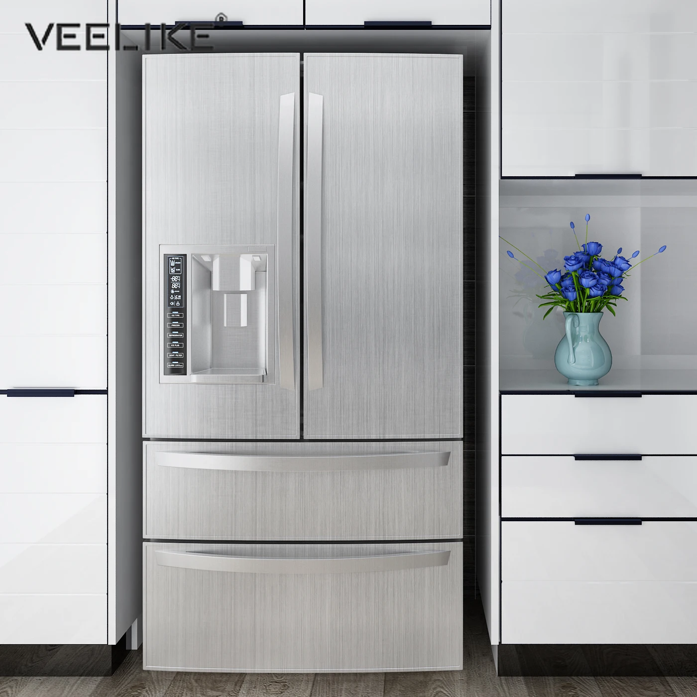 Серебристые глянцевые обои с изображением холодильника самоклеющаяся