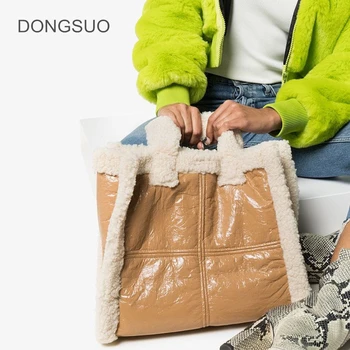 

Fur bag women large big jumbo capacity totes handbag black brown pu leather sheep fur bag 2019 winter new deisgner