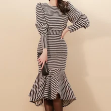 Женский винтажный комплект с рыбьим подолом, осень, клетчатый тонкий двубортный топ+ платье с оборками, костюм, комплекты для офисной леди, килт, имитация 2 шт